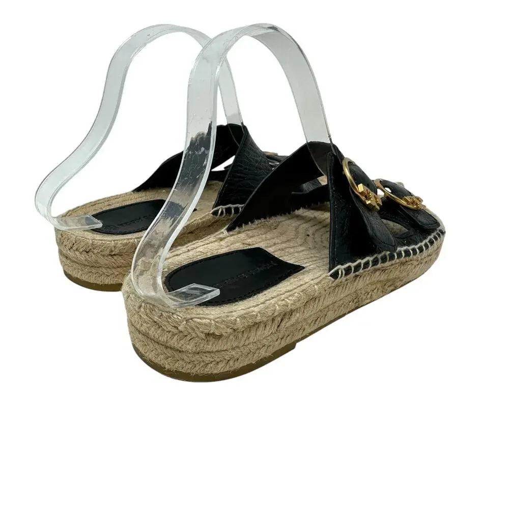 Tory Burch Selby‎ Patent Leather Espadrille Slide Sandals Black Size US 6.5
